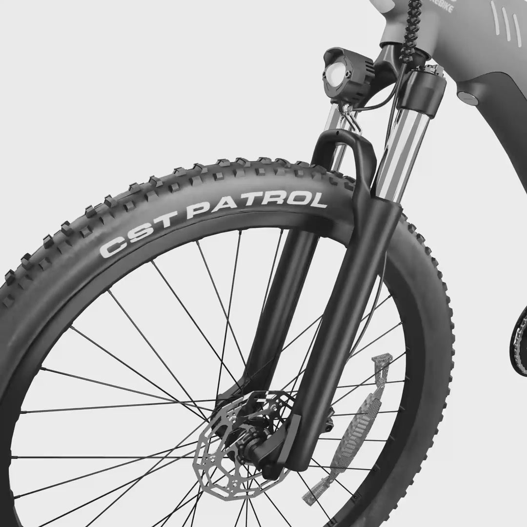 Load video: <p>Built for everyday comfort, the 100mm travel suspension fork absorbs bumps from rough and uneven roads, delivering a smoother and more stable ride for commuting and leisure.</p>